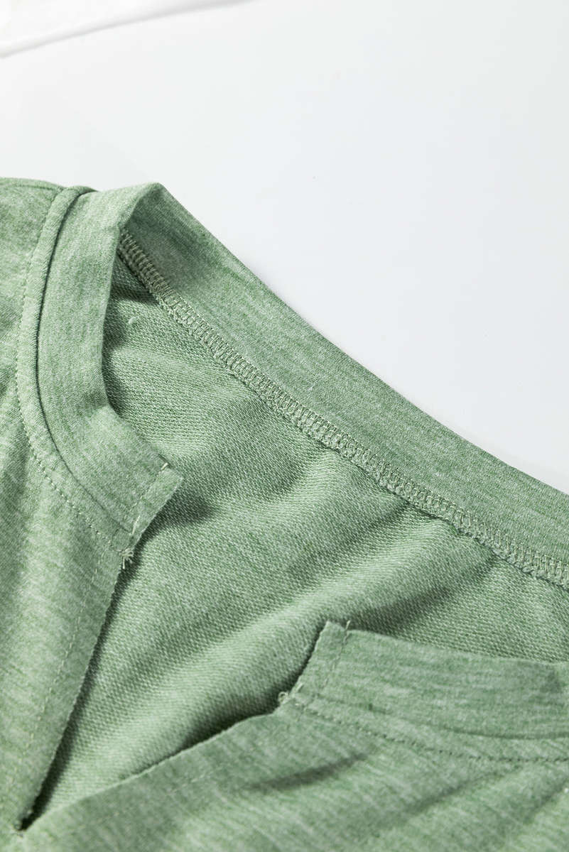 Smoke Green Notched Neck Terry Raw Hem Long Sleeve Top