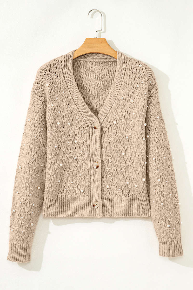 Smoke Gray Pearl Embellished Button Front V Neck Sweater Cardigan