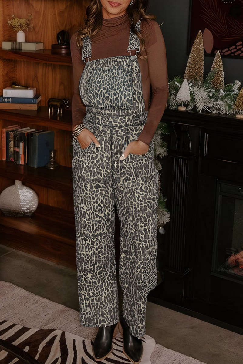 Brown  Leopard Print Straight Leg Loose Denim Overall Jumpsuit