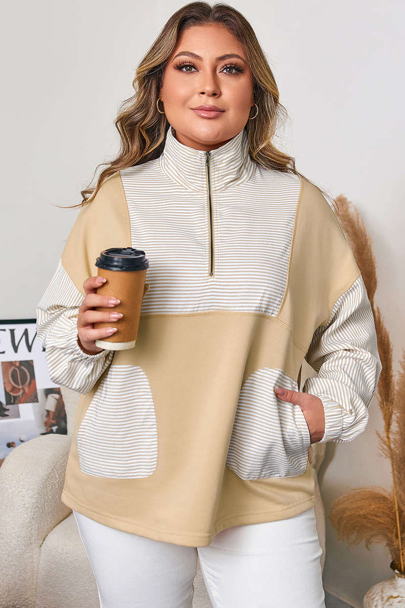 Khaki Stripe Mix Half Zip French Terry Plus Size Sweatshirt