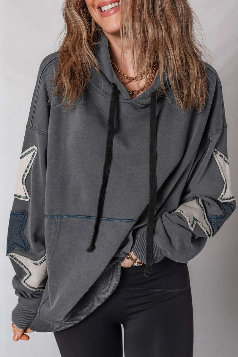 Carbon Grey Star Patchwork Contrast Stitching Mineral Wash Kangaroo Pocket Vintage Hoodie