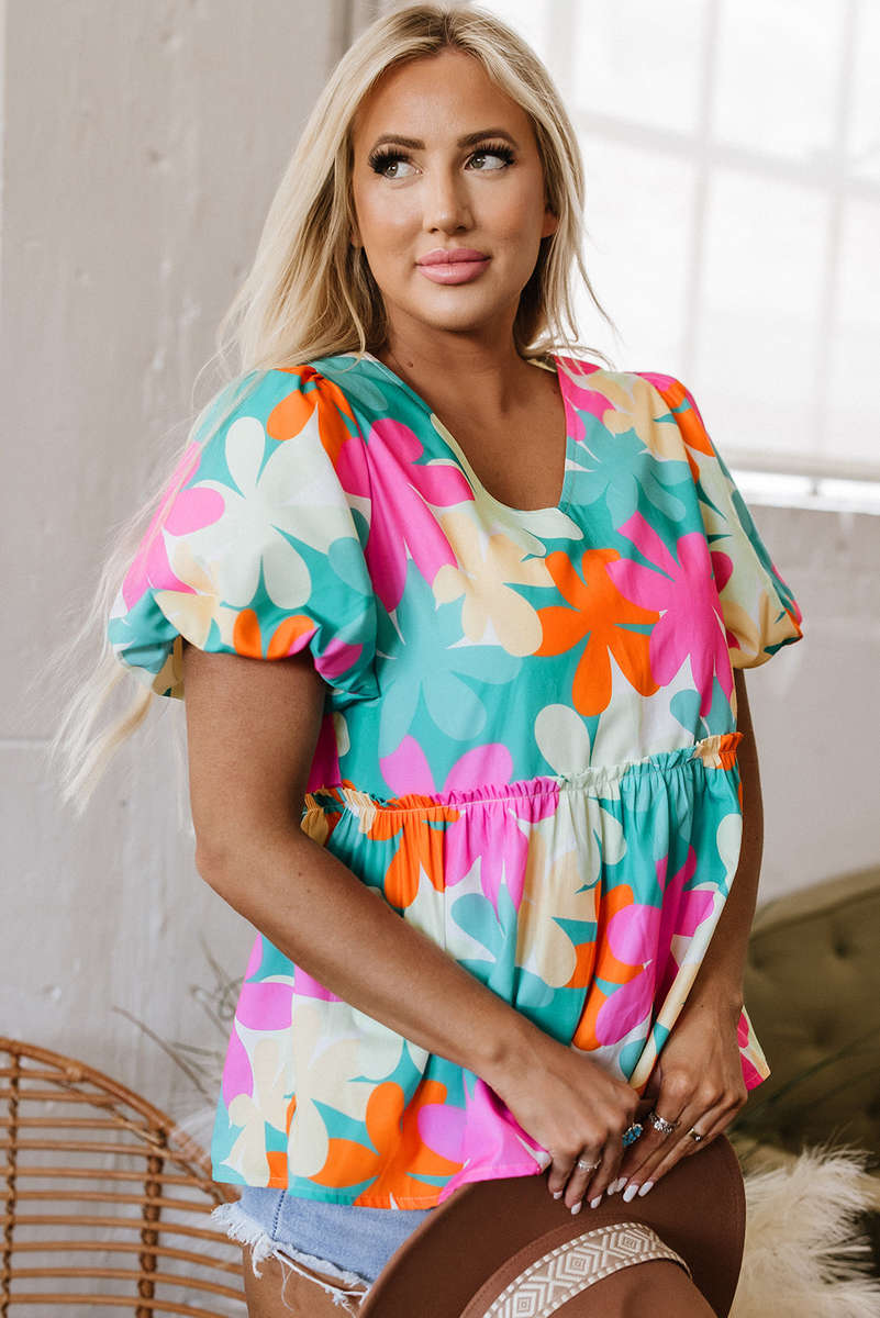 Pink Floral Print Bubble Sleeve V Neck Peplum Blouse