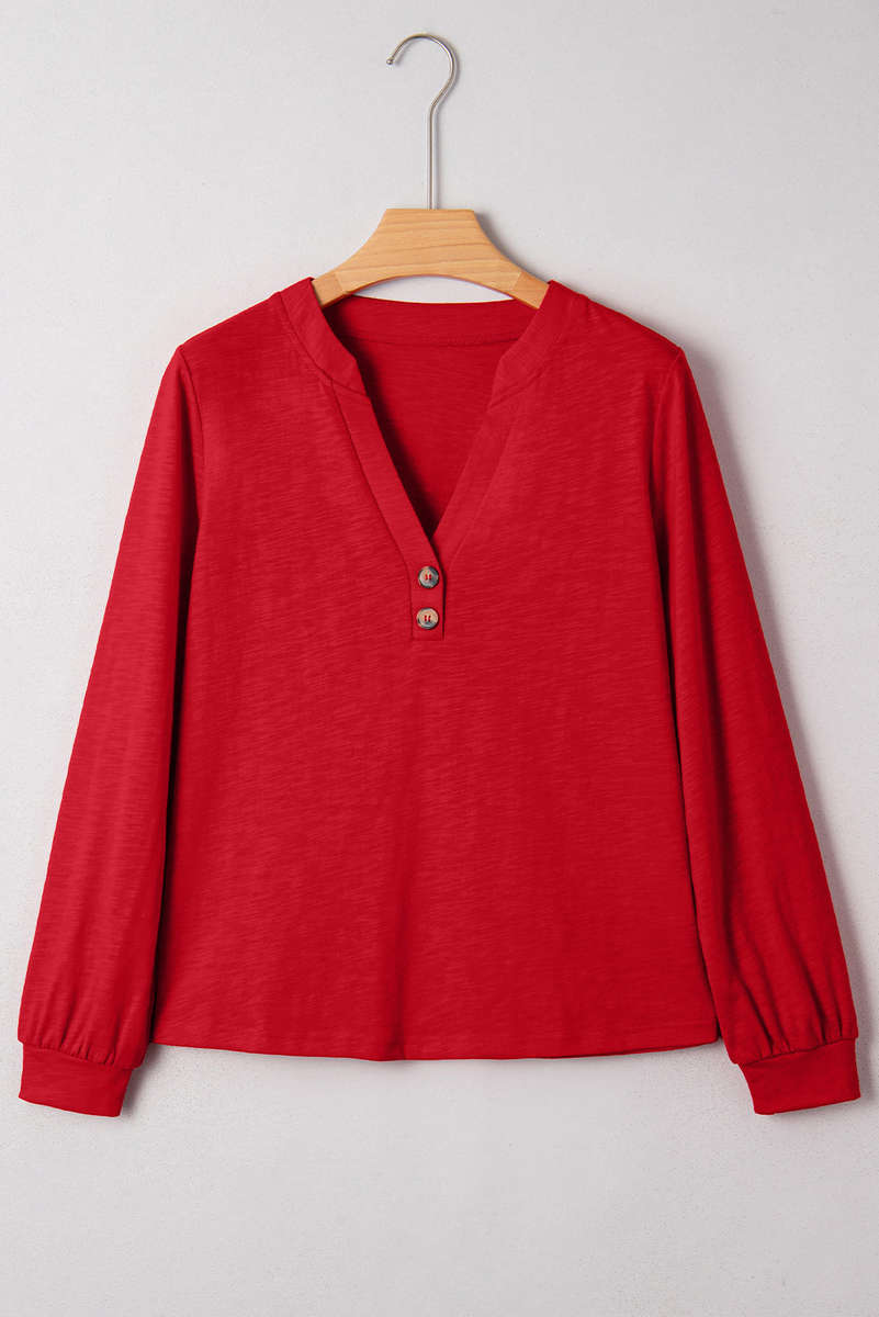 Racing Red Solid Color Button V Neck Long Sleeve Top