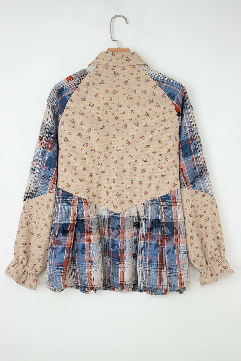 Ashleigh Blue Boho Floral Plaid Patchwork Distressed Detail Ruffled Sleeve Waffle Knit Shacket