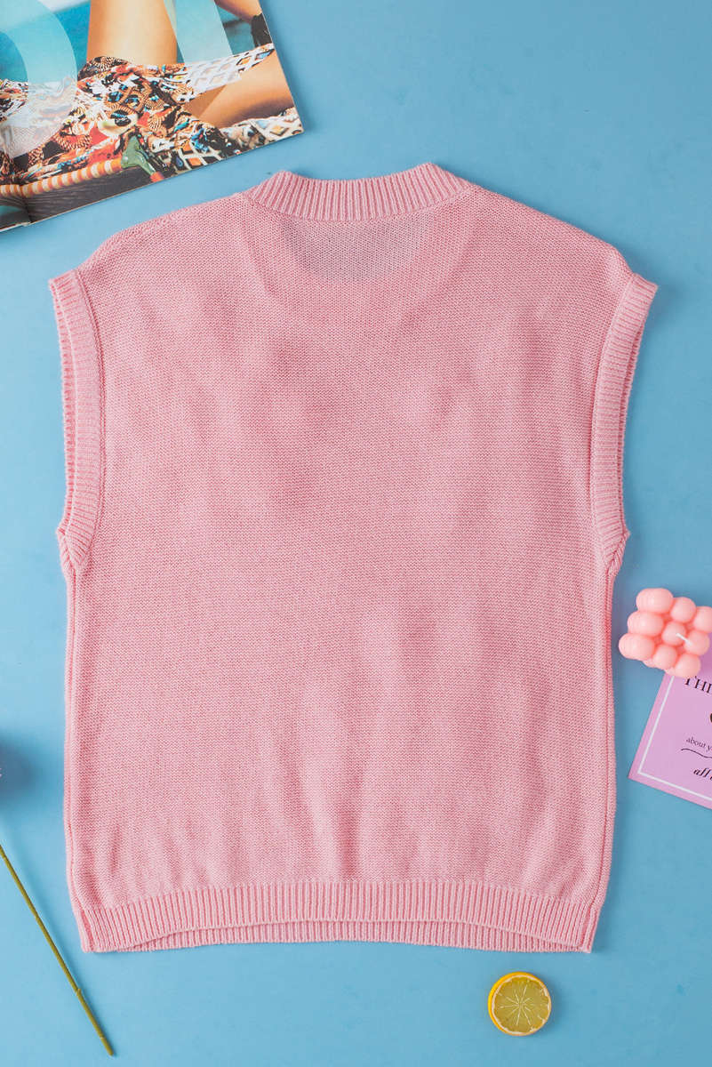 Pink Multi Crochet Flower Knit Short Sleeve Sweater Top