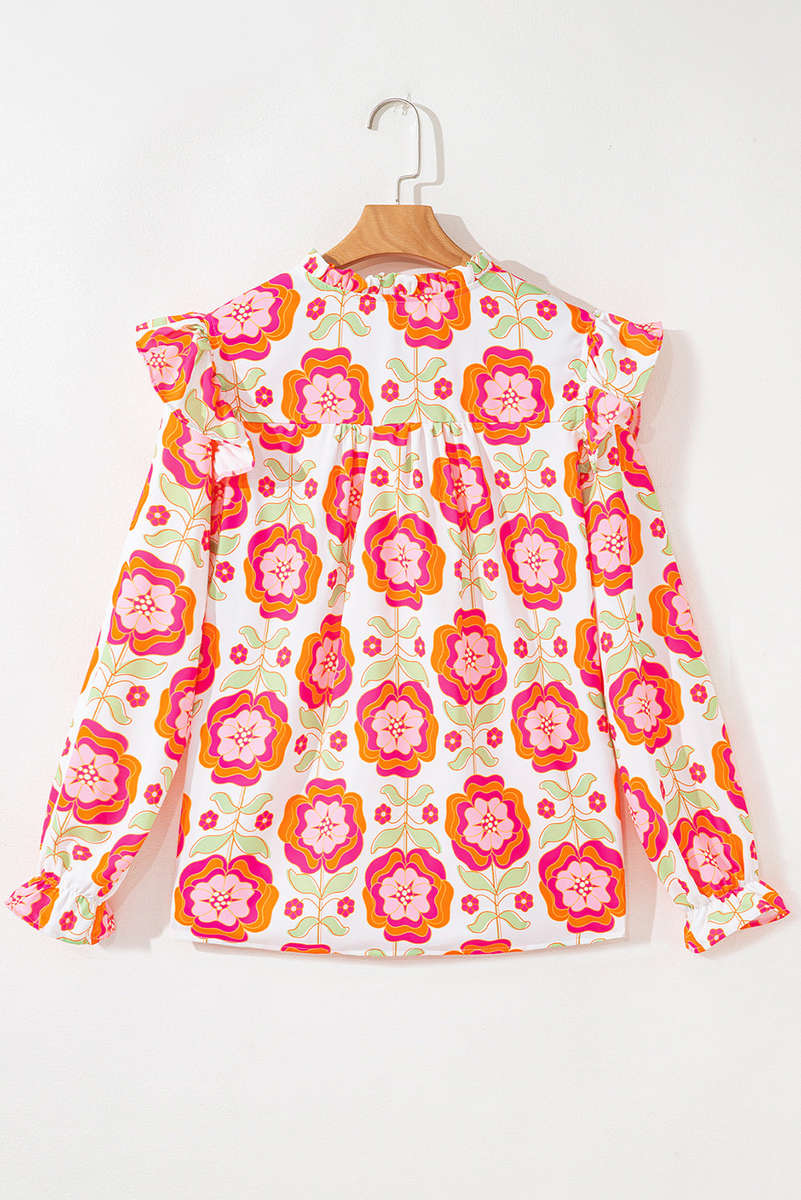 Rose Floral Printed Ruffled Long Sleeve Blouse