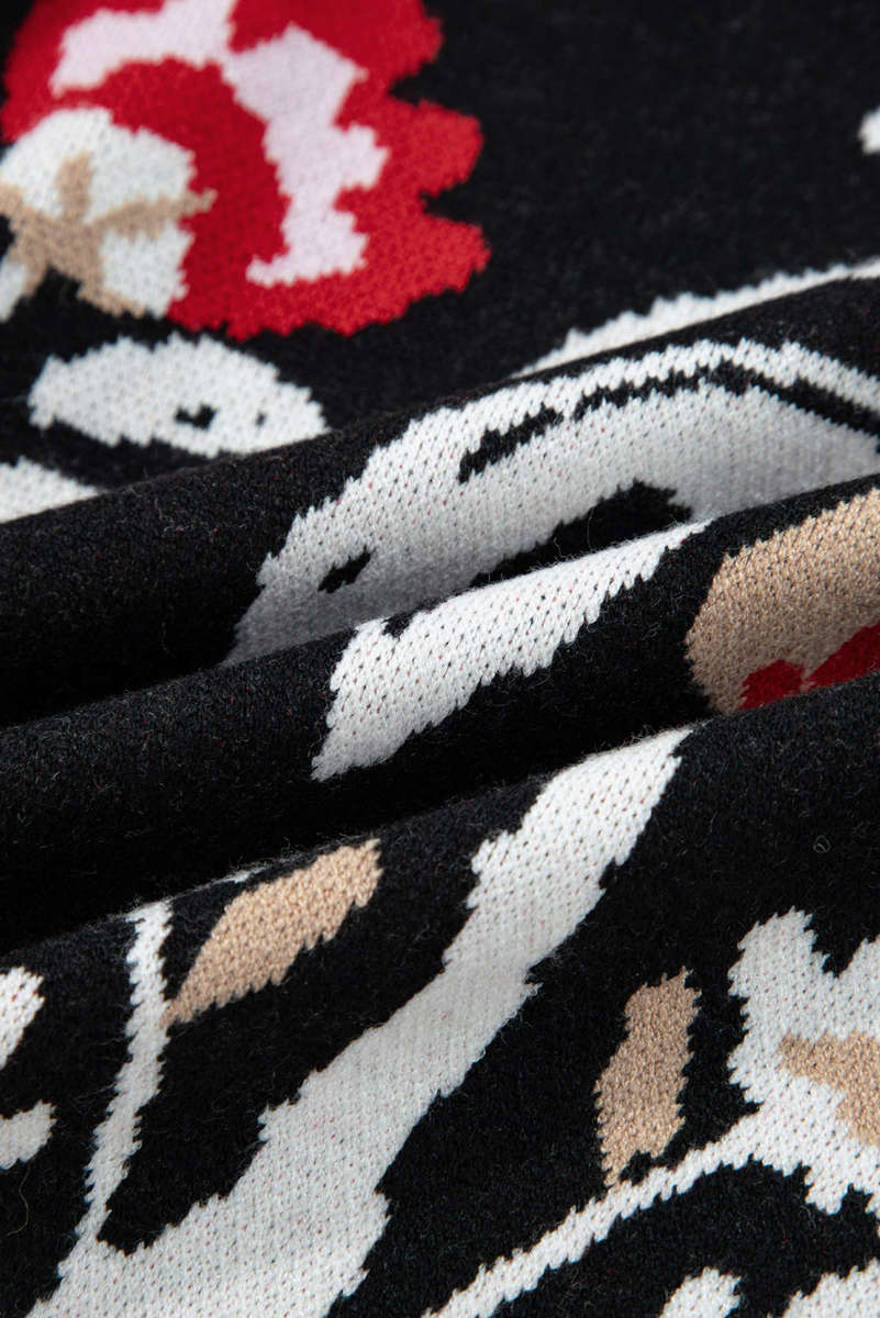 Black Floral Print Buttoned Front V Neck Knit Cardigan