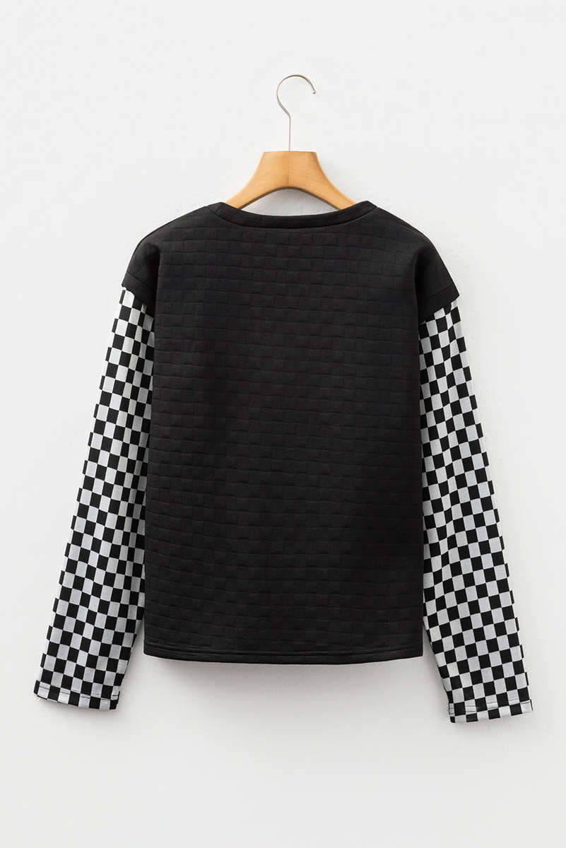 Black Plaid Textured Contrast Checkered Patchwork Long Sleeve Top