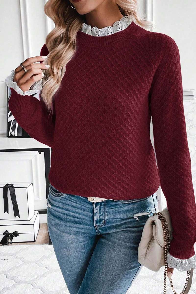 Burgundy  Contrast Lace Frilled Trim Raglan Sleeve Sweater