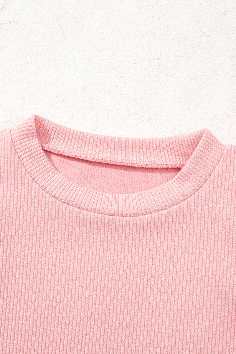 Light Pink Pearl Beaded Ruffle Short Sleeve Patchwork Ribbed Blouse