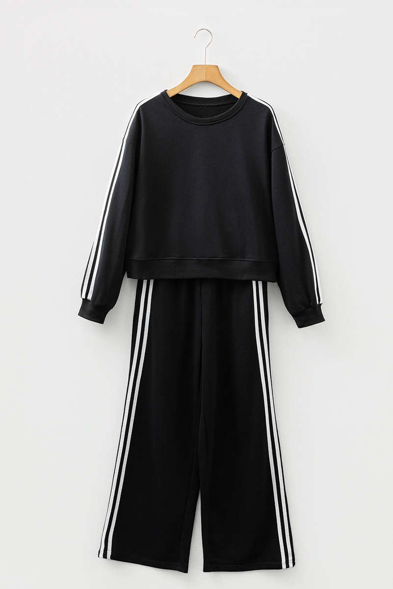 Black Varsity Striped Detail Crewneck Pullover Elastic Sweatpants 2pcs Outfit