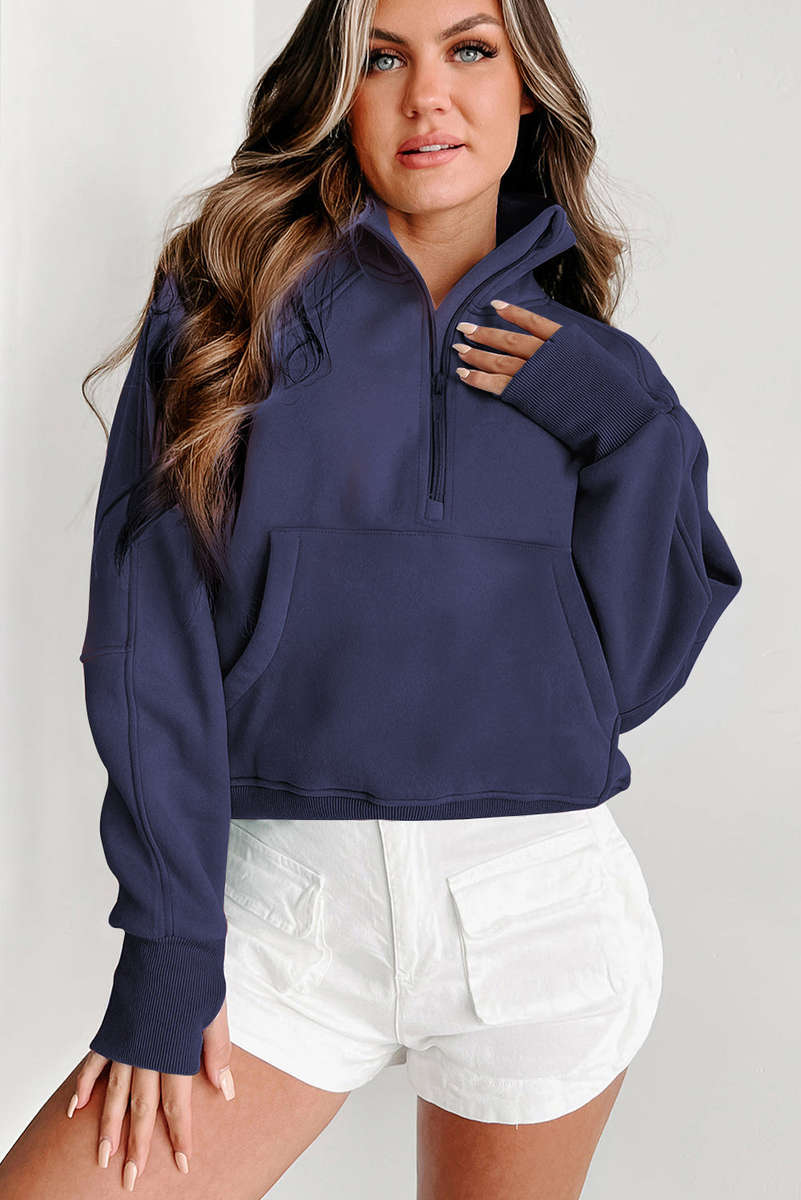 Navy Blue Fleece Lined Zip Up Stand Collar Thumbhole Sleeve Sweatshirt