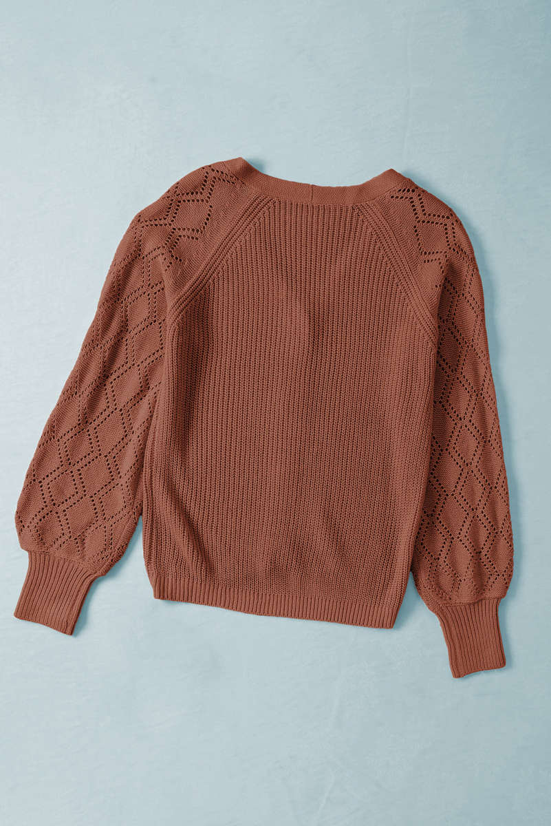 Red Bishop Sleeve Button V Neck Cardigan Sweater