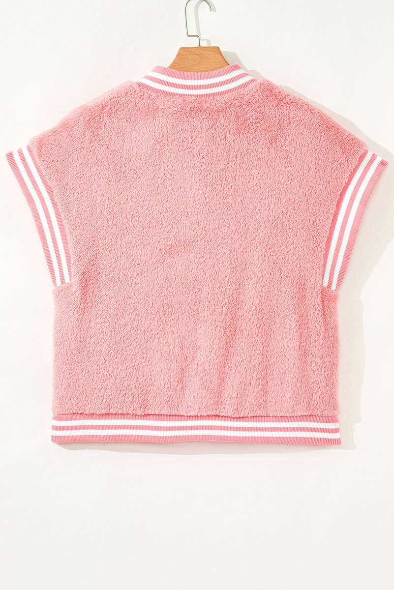 Gossamer Pink Varsity Striped Banding Patchwork Winter Plush Vest