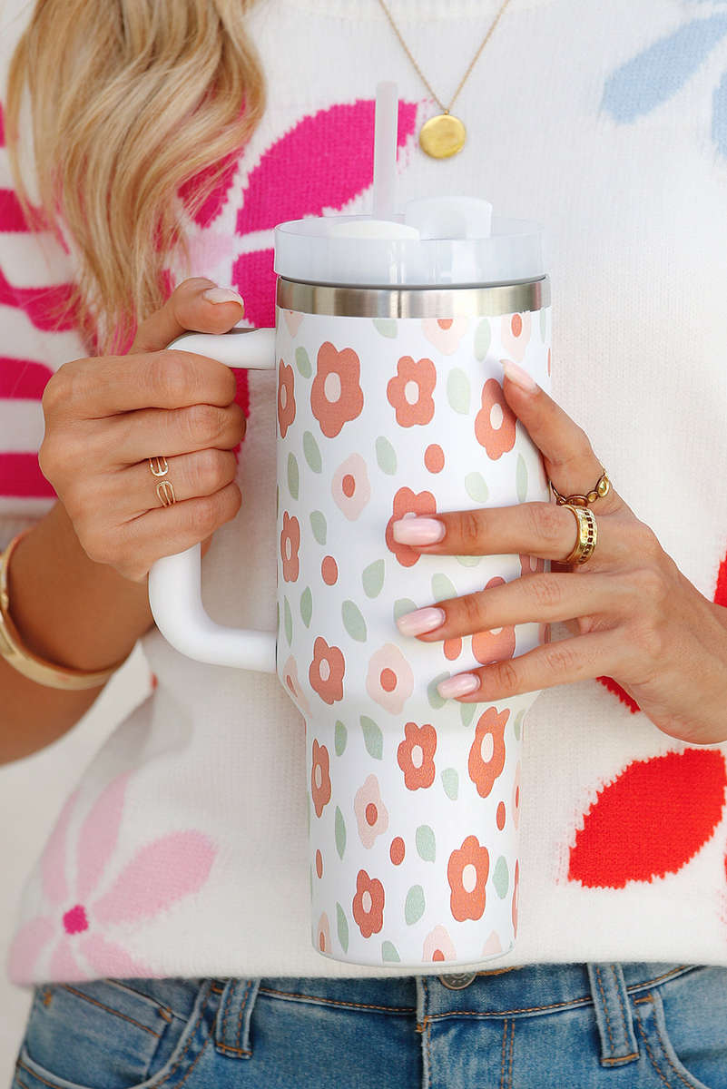 White Floral Leaves Print Stainless Large Portable Cup 40oz