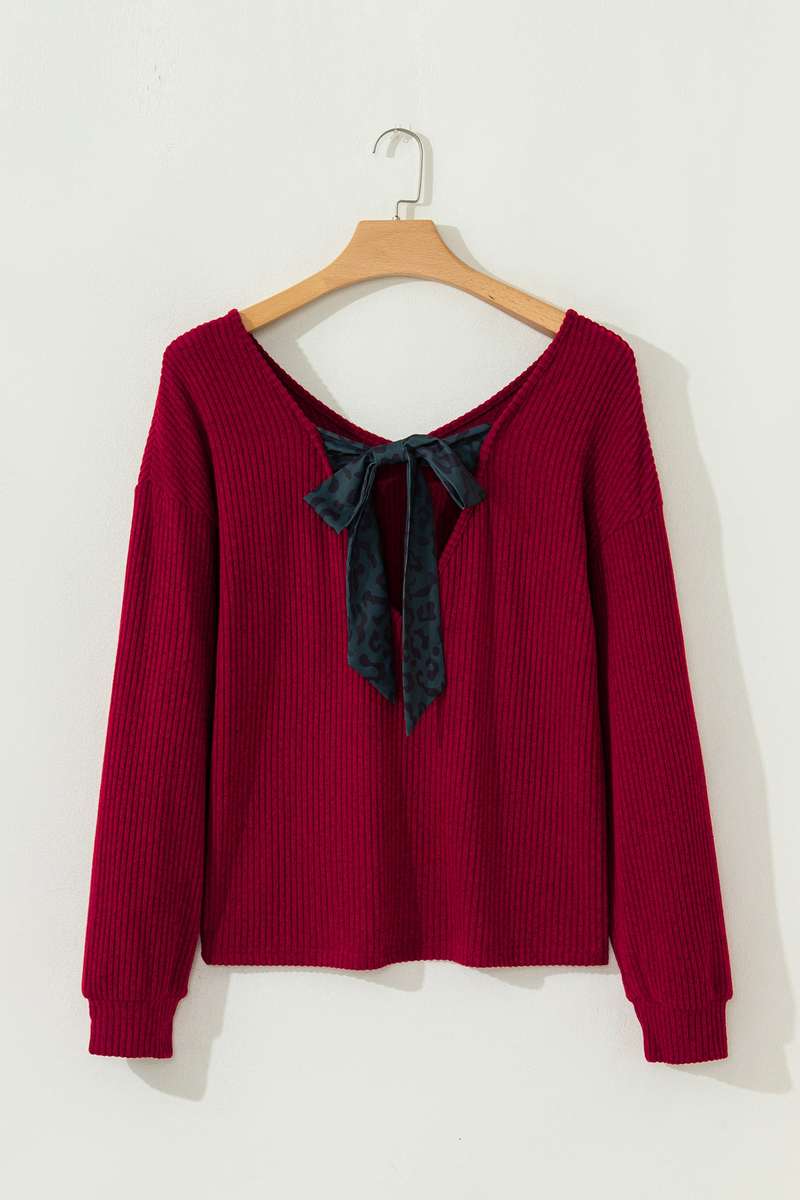 Racing Red Ribbed V Neck Contrast Ribbon Bow Back Drop Shoulder Long Sleeve Top