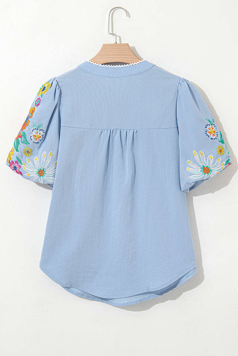 Beau Blue Floral Embroidered Puff Sleeve Split Neck Blouse