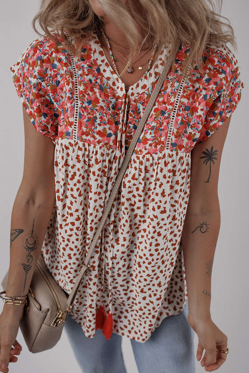 Red Printed Embroidery Detail Tie Split Neck Blouse