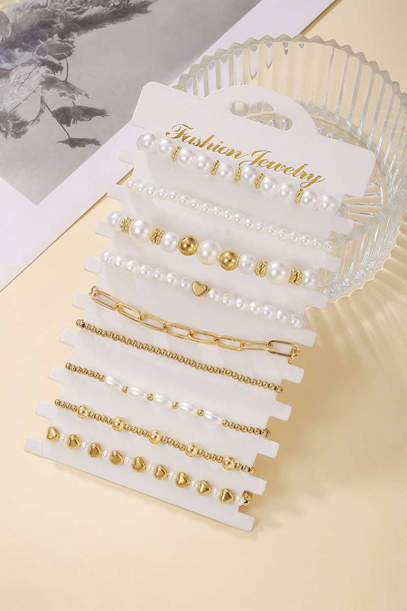 Gold 9-Piece Mixed Faux Pearl Bead Stretch Bracelet Set