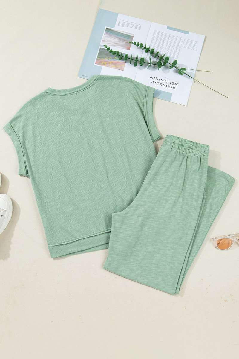 Canton Cuffed Short Sleeve Tee Raw Seam Patch Pocket Drawstring Pants Set