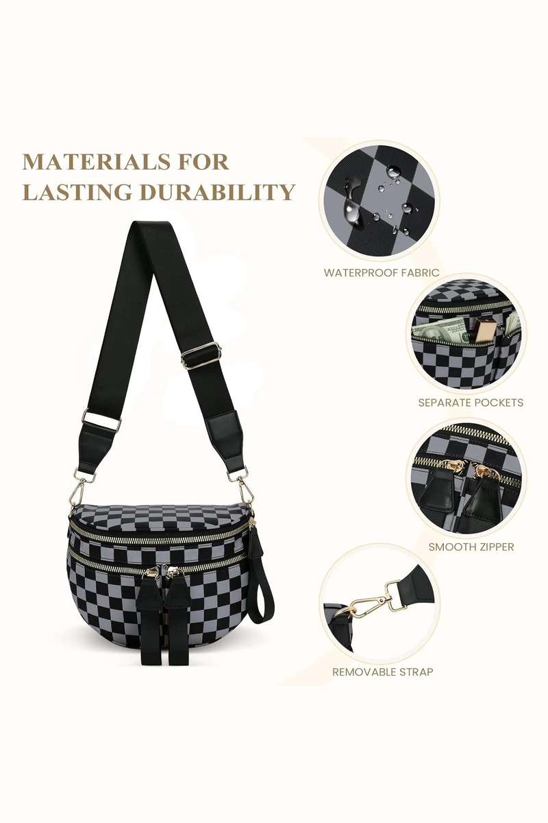 Dirty blue Checkered Print Multi Pocket Zipped Canvas Crossbody Bag