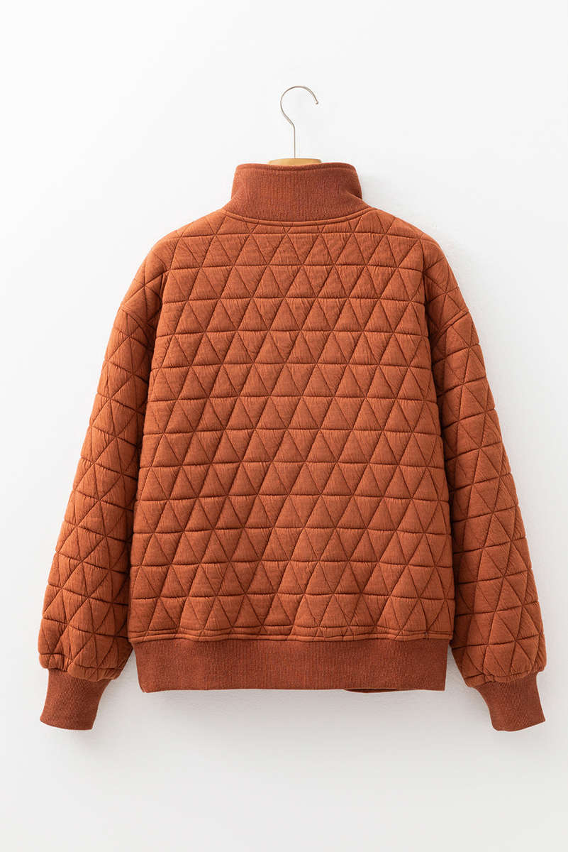 Straw Yellow Geometric Quilted Half Zipped Loose Sweatshirt