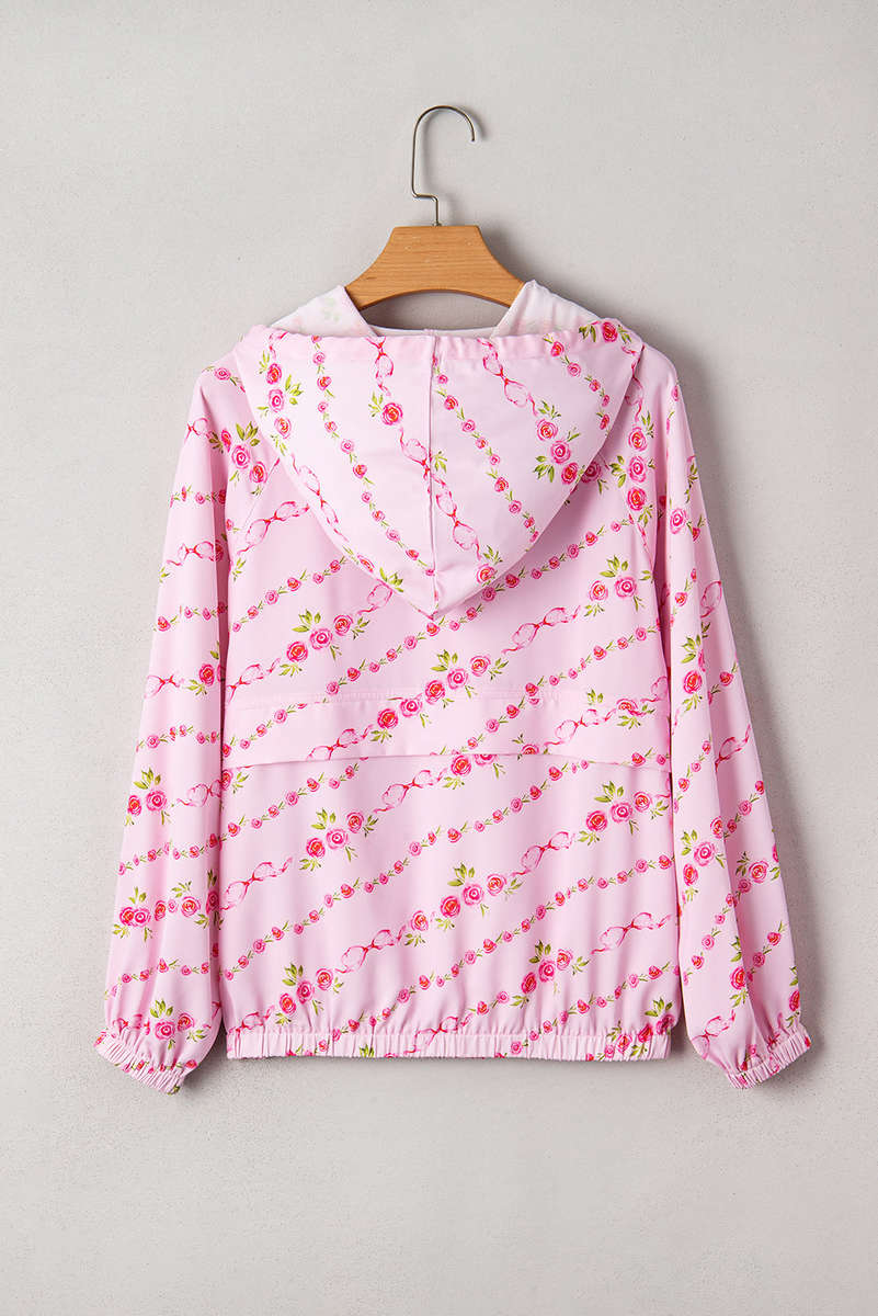 Pink Floral Print Half Zip Kangaroo Pouch Drawstring Hoodie