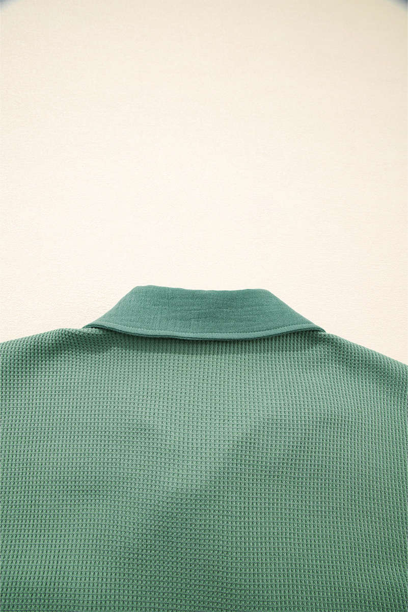 Grass Green Waffle Knit Vintage Patchwork Button Up Loose Shirt