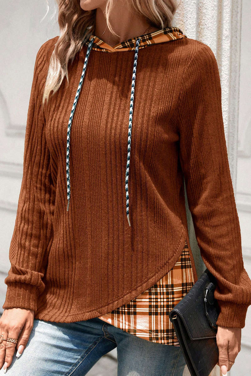 Chestnut Plaid Patchwork Ribbed Knit Drawstring Hooded Top