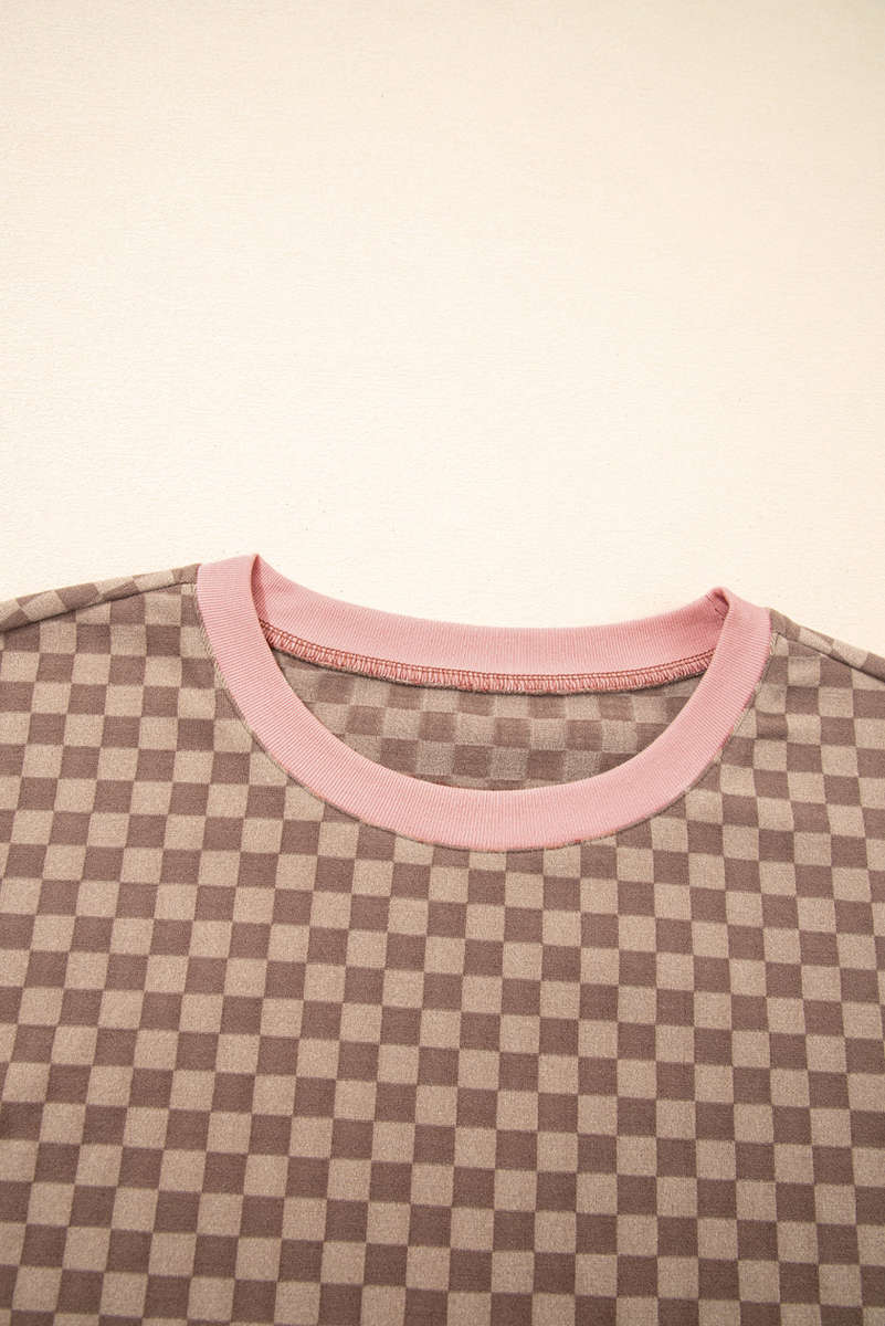 Brown Checkerboard Long Sleeve Pullover and Shorts Set