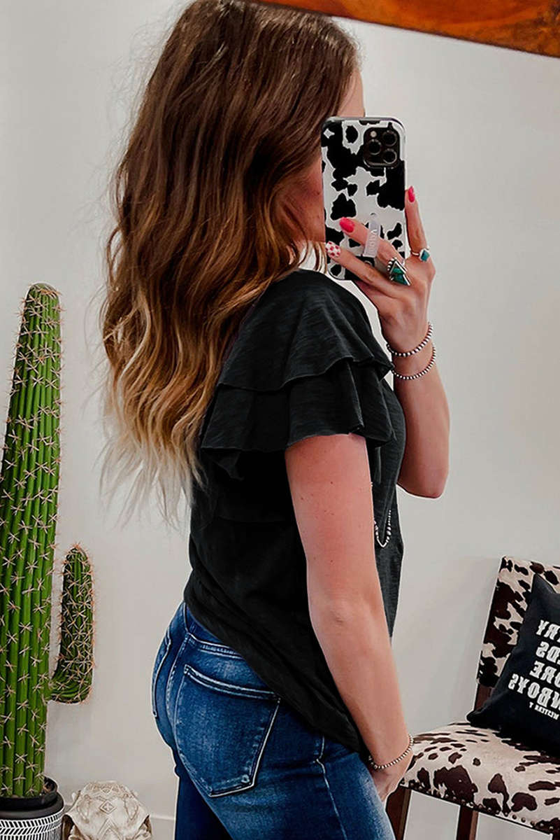 Black Layered Ruffle Short Sleeve Round Neck Top