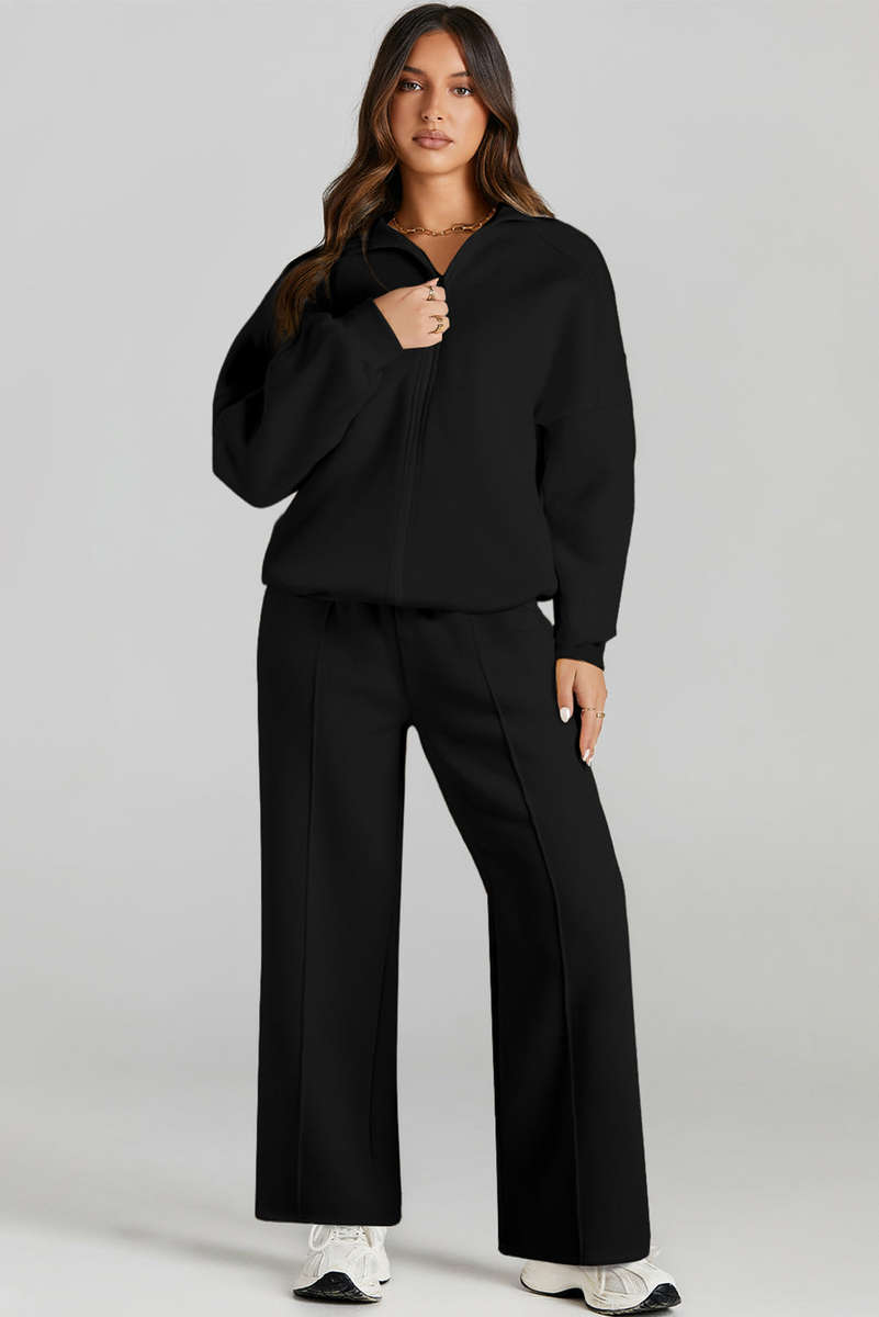 Black Drop Shoulder Zip Up Jacket Drawstring Pants Active 2pcs Set
