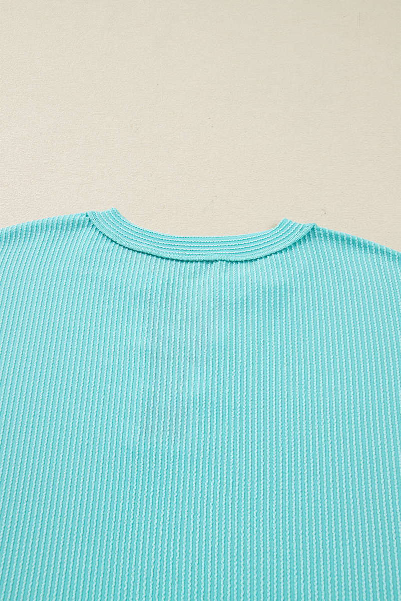 Aruba Blue Twist Ribbed Color Block Plaid Patchwork Plus Size Long Sleeve Top