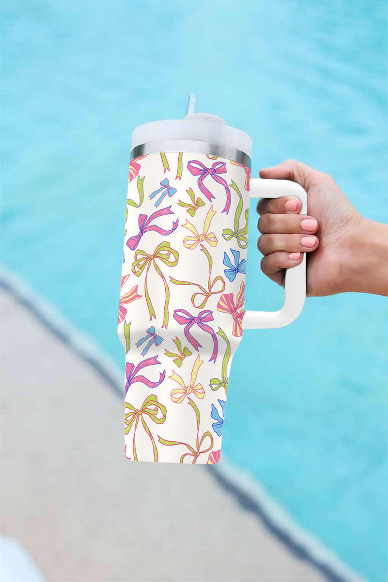White Bow Knot Print Large Stainless Steel Vacuum Cup 40oz