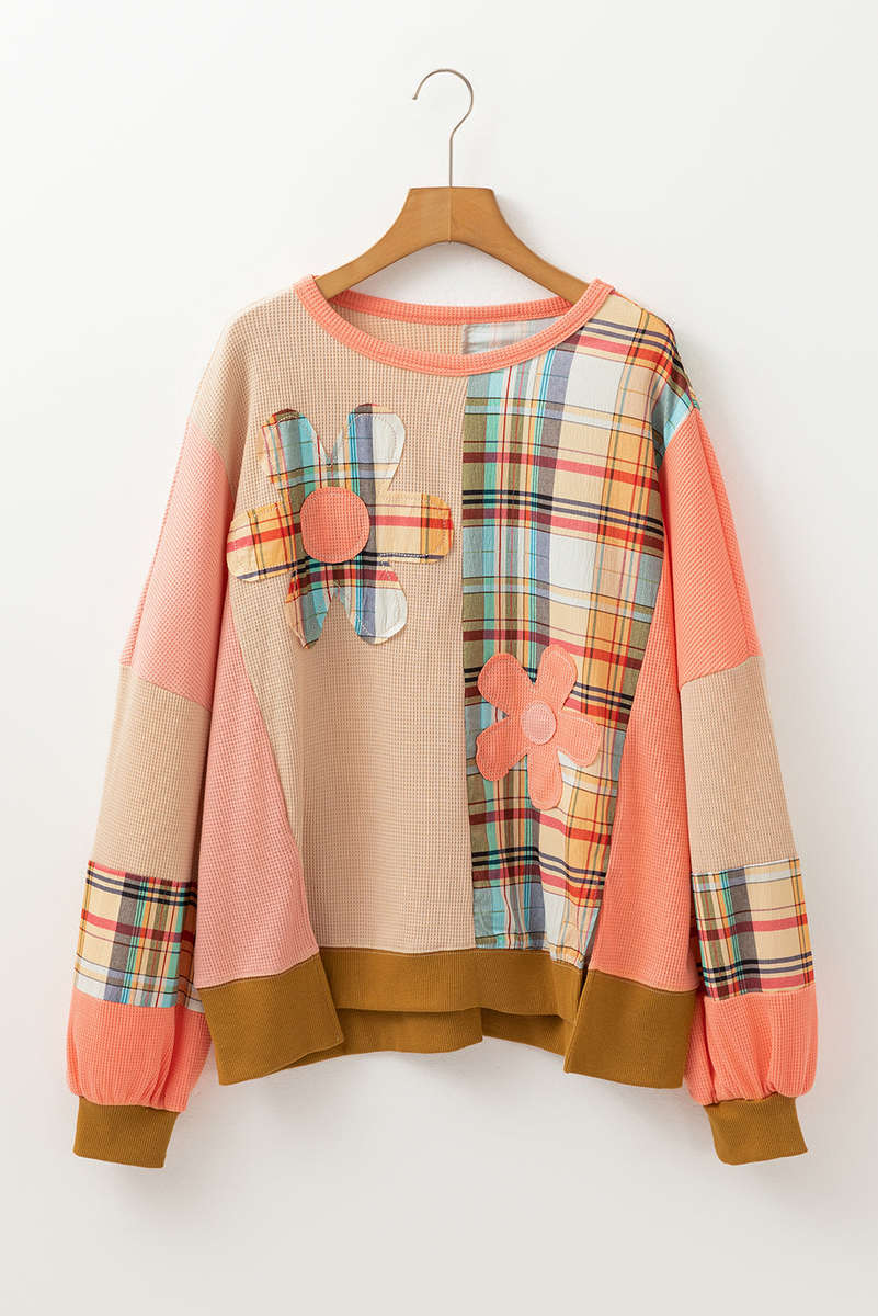 Multicolour Waffle Knit Plaid Patchwork Side Slits Loose Sweatshirt