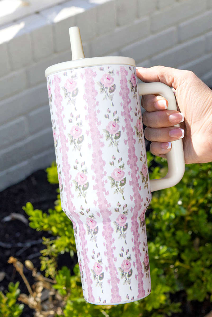 Light Pink Sweet Floral Print Straw Insert Thermo Tumbler Cup