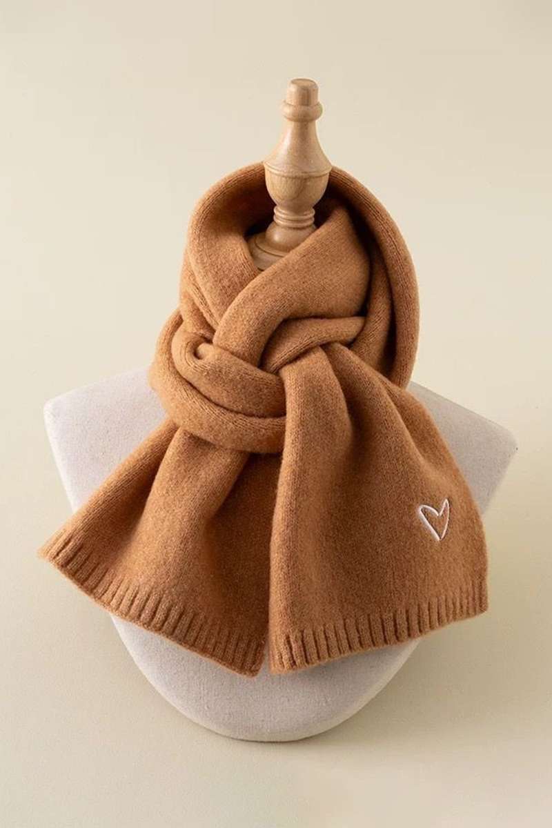 Thai Curry Tiny Heart Embroidered Detail Ribbed Trim Warm Knit Scarf