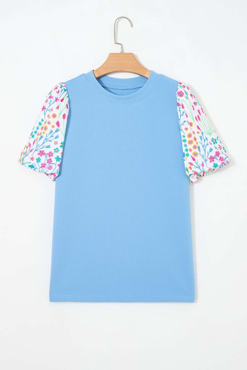 Light Blue Round Neck Textured Contrast Floral Bubble Sleeve Blouse