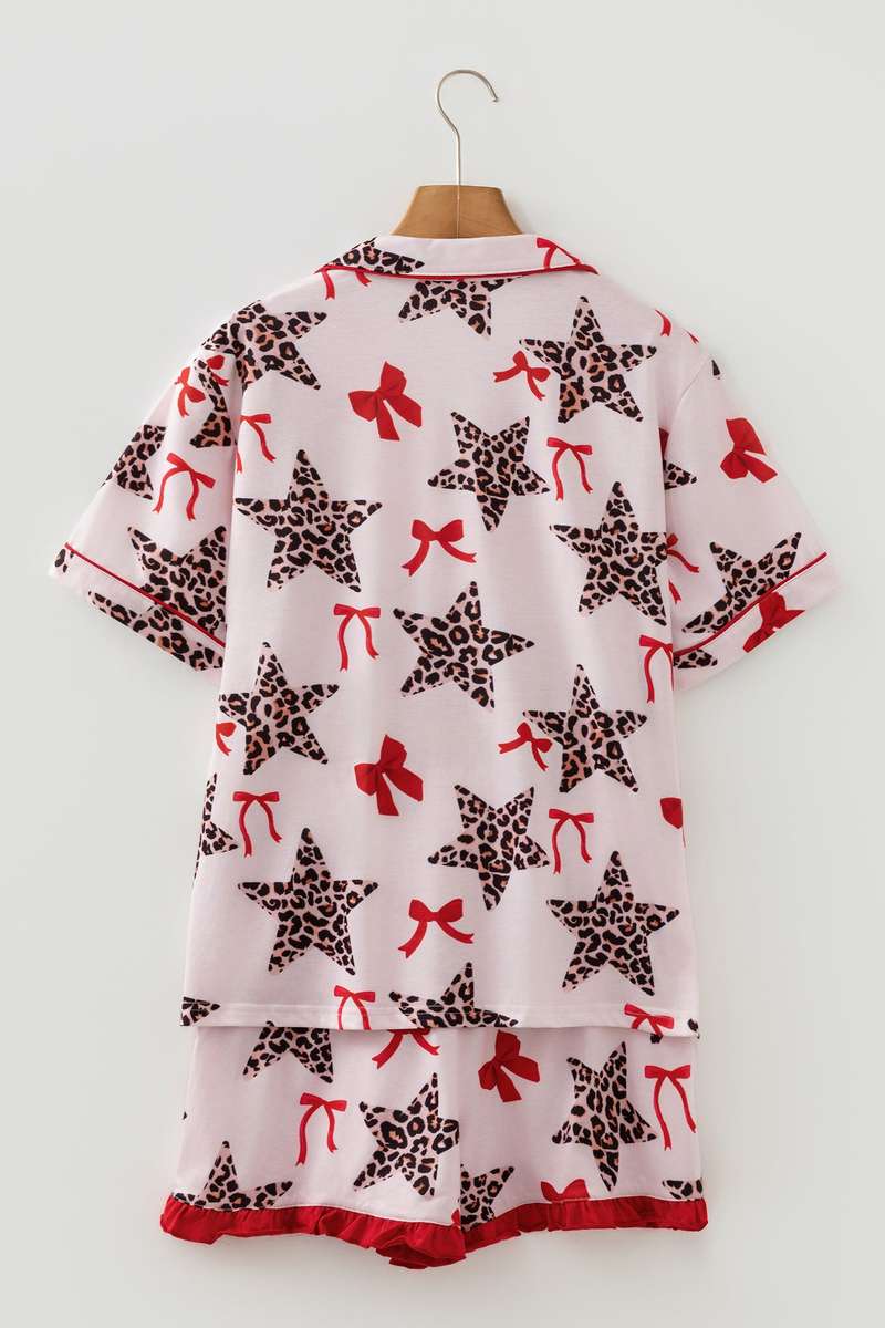 White Leopard Star Ribbon Bow Print Contrast Trim Short Pajama Set