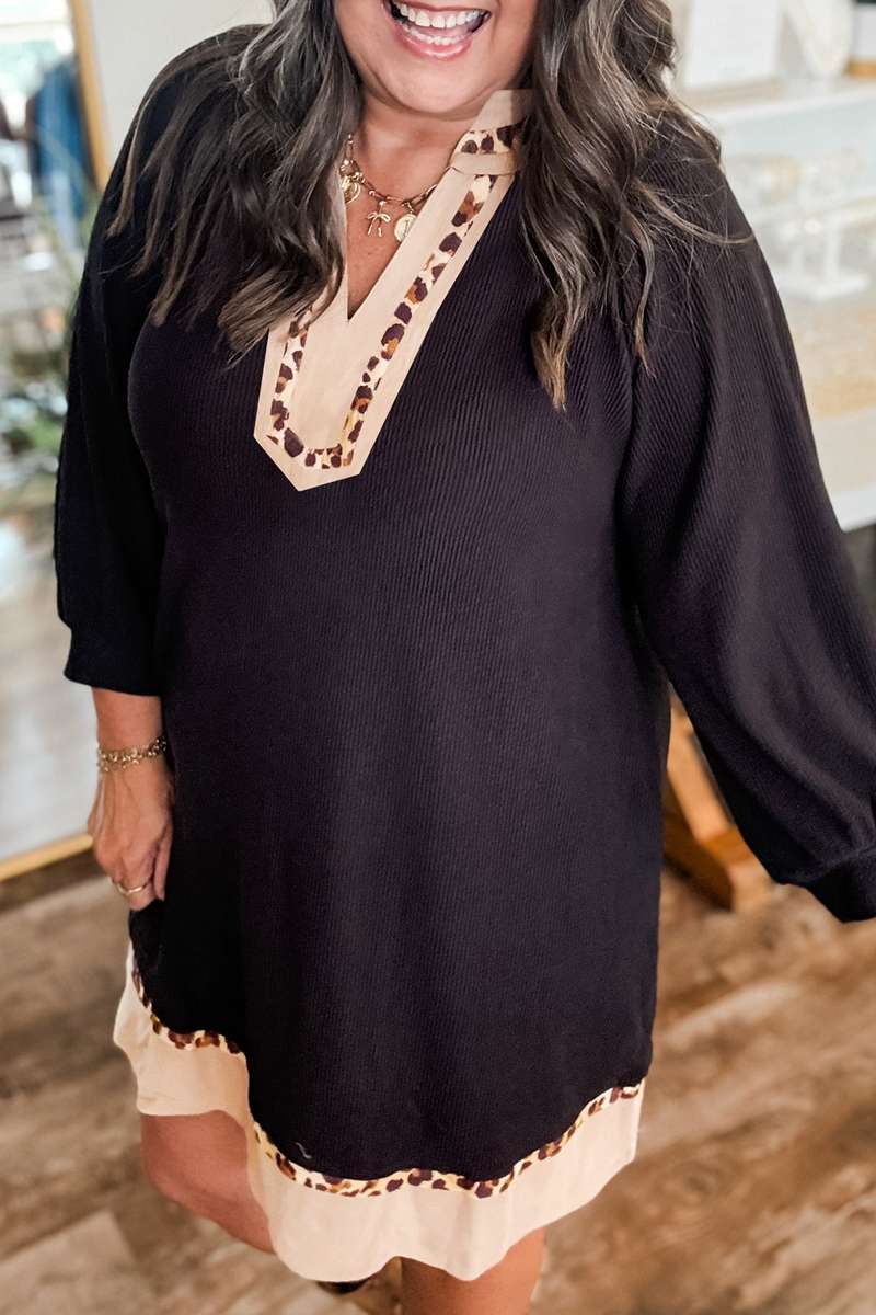 Black Contrast Color Block Leopard Trim Plus Size Ribbed Dress