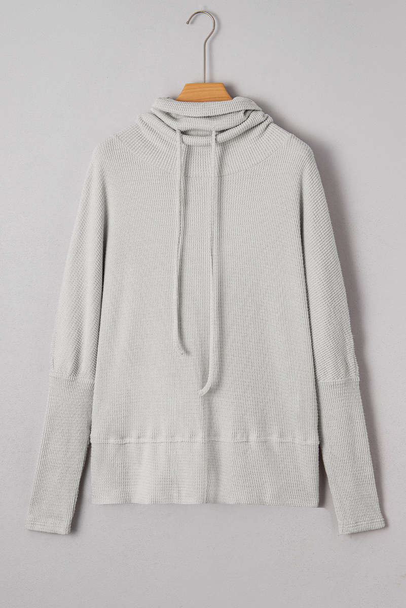 Light Grey Textured Knit Drawstring Cowl Neck Oversize Top with Side Slits