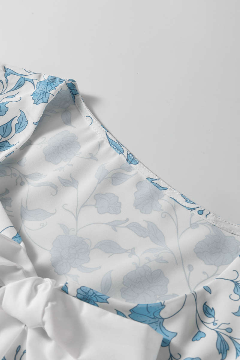 Sky Blue Floral Contrast Bow Puff Sleeve Mini Dress
