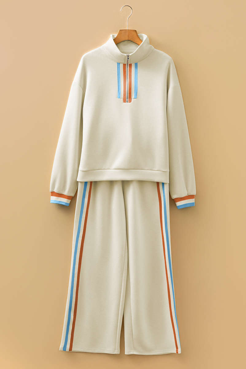 Apricot Striped Patchwork Quarter Zip Pullover Loose Pant Set