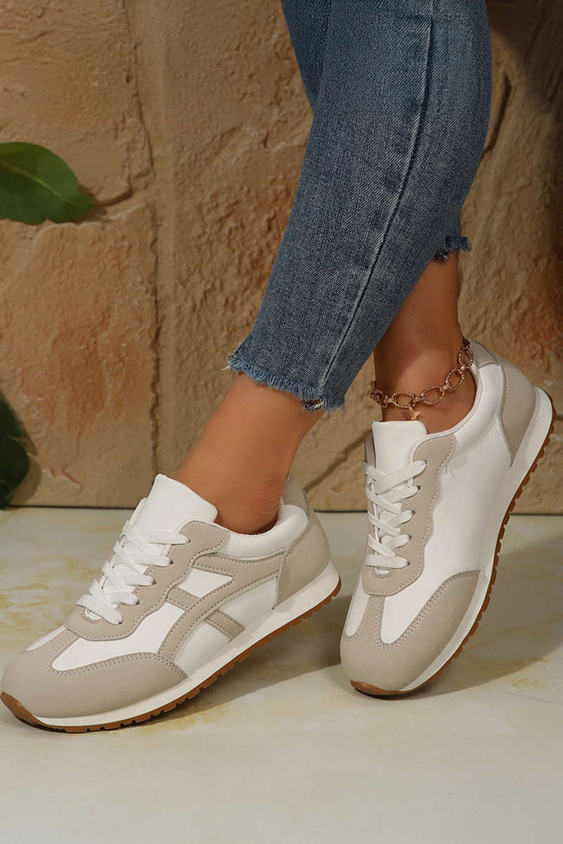 Oatmeal Color Block Lace-up PU Leather Sneakers