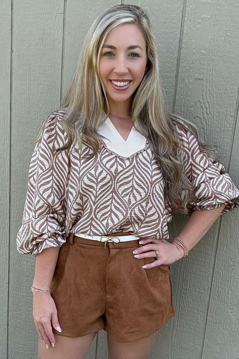 Brown Leaf Print Standing Collar Puff Sleeve Top