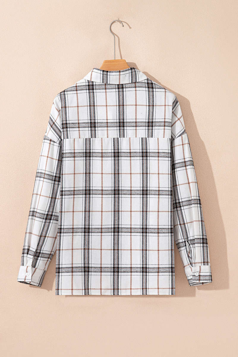 White Plaid Print Collared V Neck Loose Blouse with Side Slits