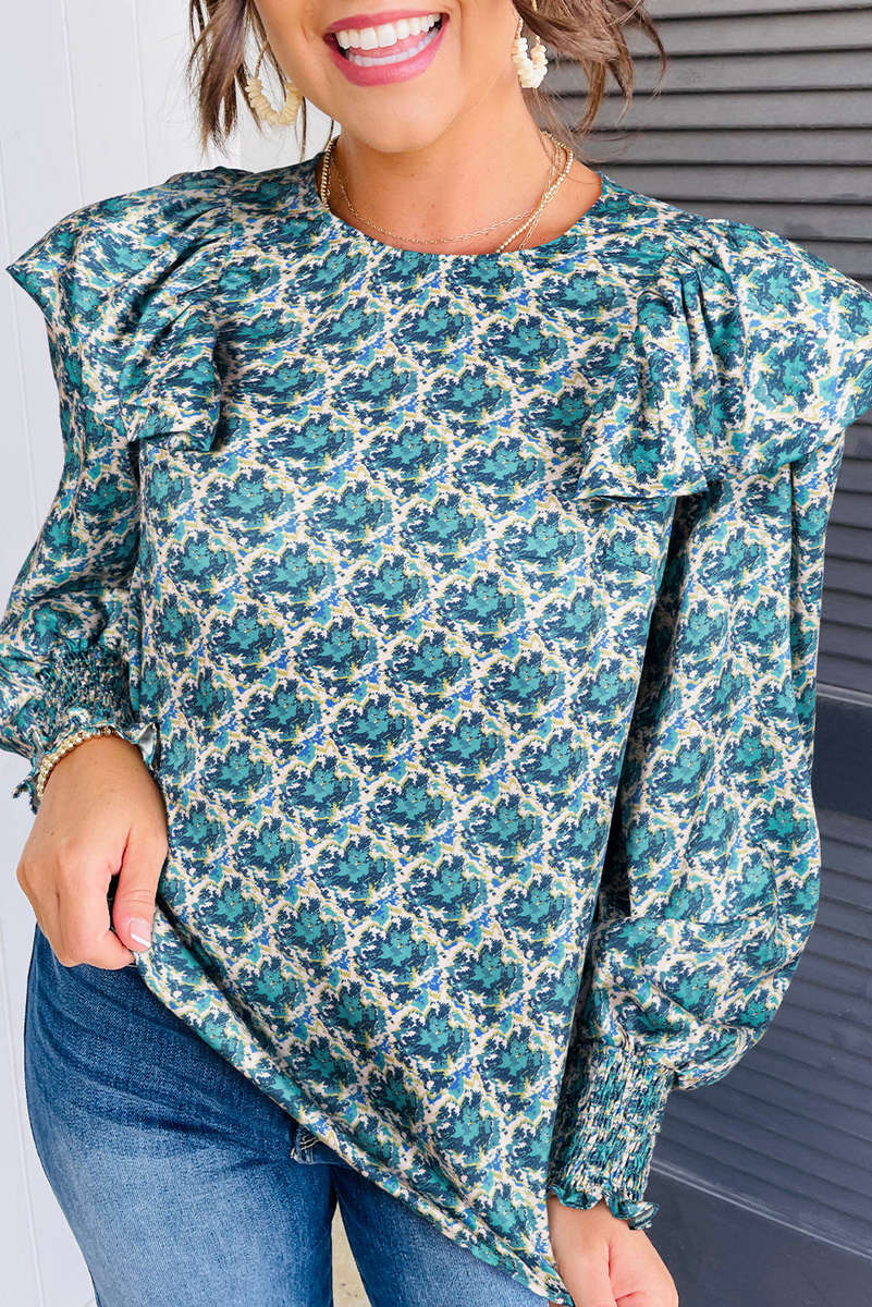 Green Abstract Print Shirred Cuff Puff Sleeve Blouse