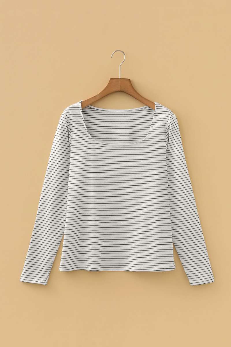 White Stripe Square Neck Long Sleeve Top