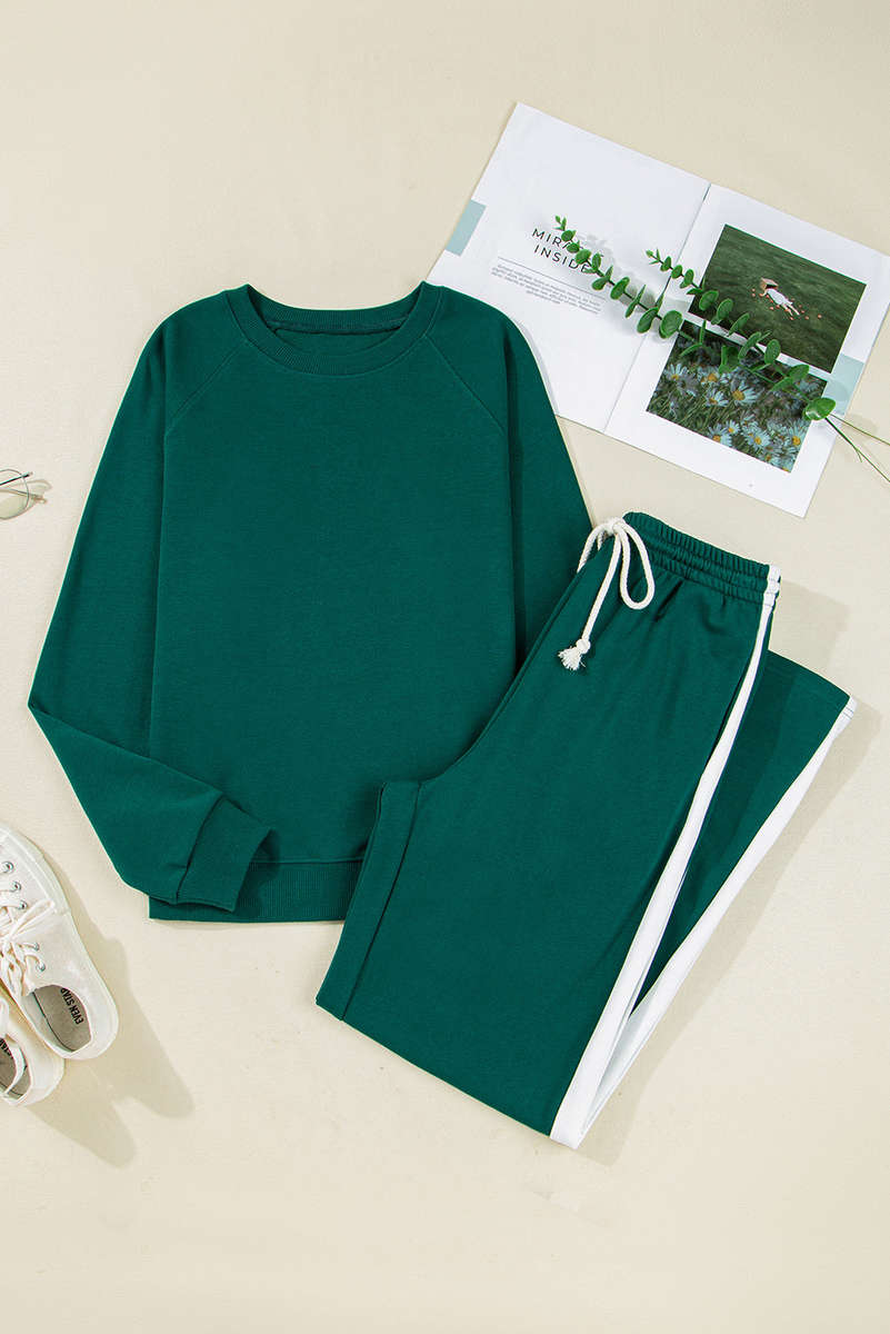 Sea Green Solid Color Pullover Top Varsity Stripe Detail Loose Drawstring Pants Set