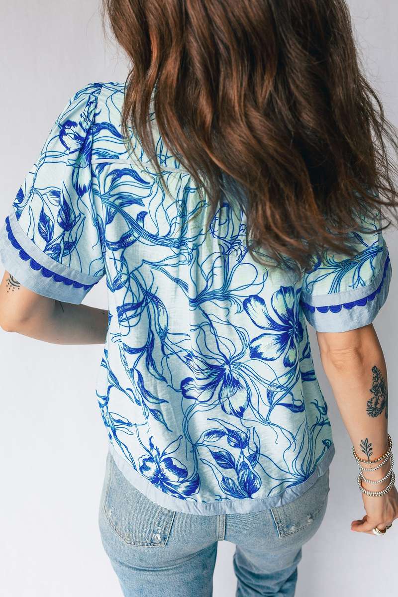 Sky Blue Ricrac Trim Slit V Neck Short Sleeve Floral Blouse